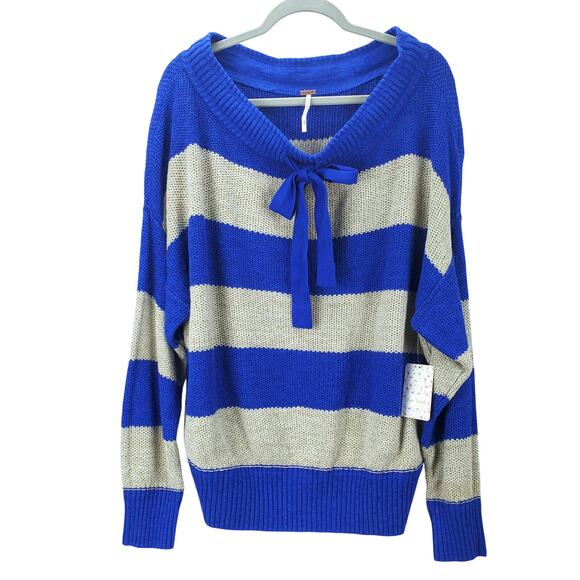 Free People Cassidy Slouchy Off Shoulder Sweater M Cotton Linen Blue Striped NWT - Picture 2 of 9